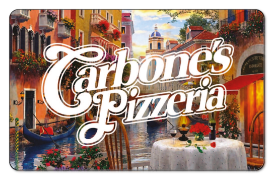 Carbones pizzeria white logo on an oil painting background of an outdoor italian eatery and village